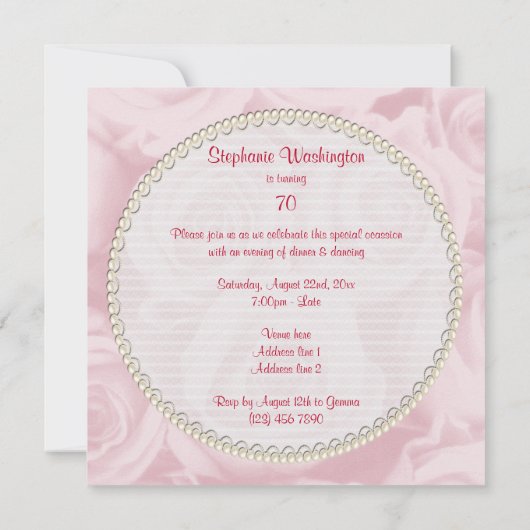 Invitation Bouquet romantique de Rose 70e anniversaire (Dos)