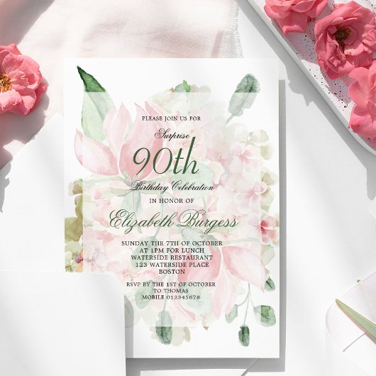 Invitation Bouquet rose Elégant 90ème anniversaire floral chi