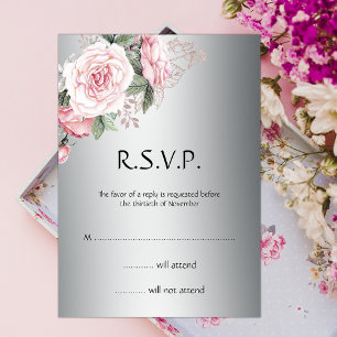Invitation Bouquet rose et mariage d'élégance argentée RSVP