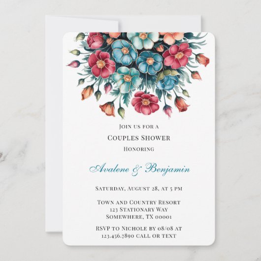 Invitation Bouquet rouge orange turquoise Couples or floral D (Devant)