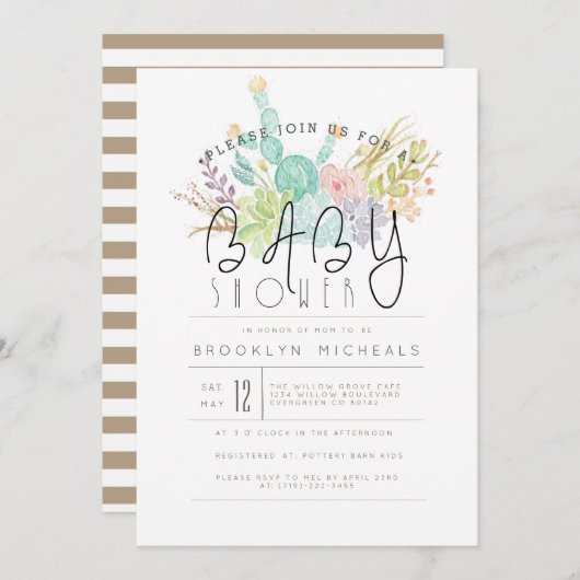 Invitation Bouquet Succulent | Baby shower aquarelle (Devant / Derrière)