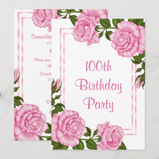 Invitation Bouquets d'angle rose joli 100e anniversaire (Devant / Derrière)