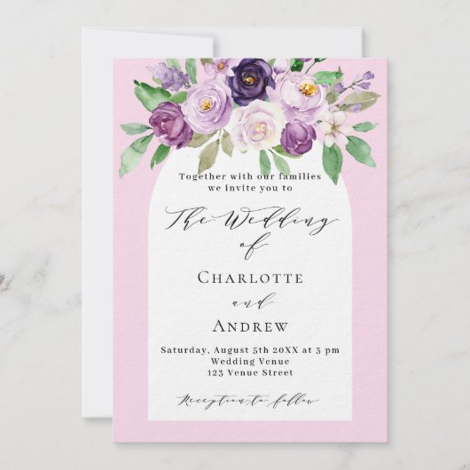 Invitation Bouquets d'aquarelle rose violet arche mariage de  (Devant)