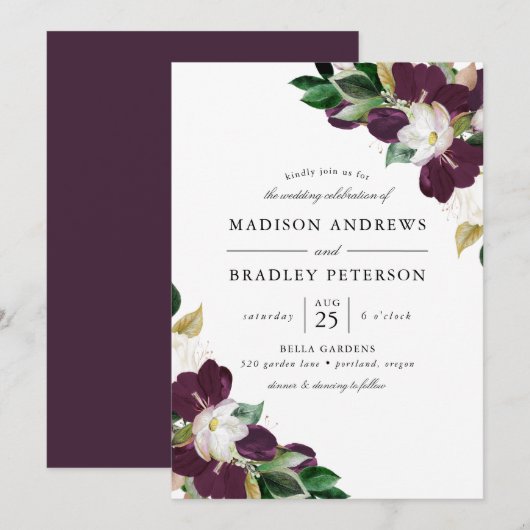 Invitation Bouquets Floraux de Prune Foncé | Mariage (Devant / Derrière)