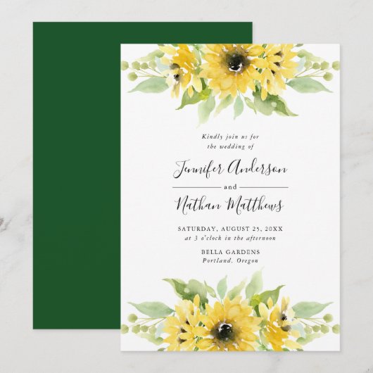 Invitation Bouquets floraux de tournesols d'aquarelle | Maria (Devant / Derrière)