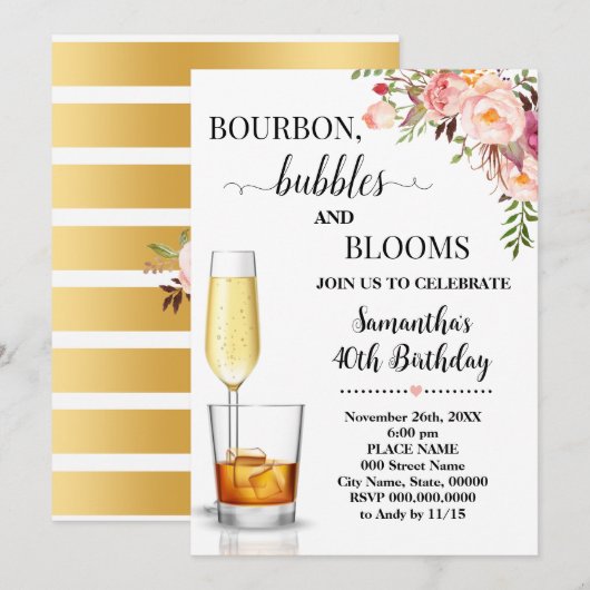 Invitation Bourbon, bulles et fleurs Adultes Anniversaire (Devant / Derrière)
