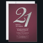Invitation Bourgogne 21ème anniversaire Parties scintillant d<br><div class="desc">Créez votre propre invitation de fête de 21e anniversaire avec notre modèle d'invitation élégant,  moderne et pétillant "21" en cliquant sur le bouton "Personnaliser". La figure "21" est définie</div>