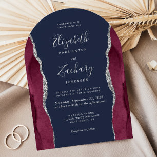 Invitation Bourgogne Agate Argent Bleu Marine Forme d'Arche M