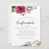 Invitation Bourgogne Aquarelle Fleurs Fille Confirmation (Devant)