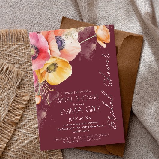 Invitation Bourgogne & Aquarelle rouge Fête des mariées flora