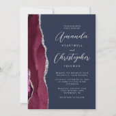 Invitation Bourgogne Argent Agate Script Bleu Nuit Mariage (Devant)