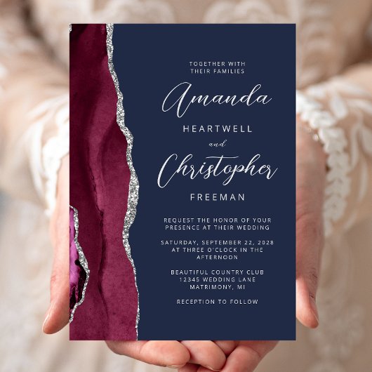 Invitation Bourgogne Argent Agate Script Bleu Nuit Mariage