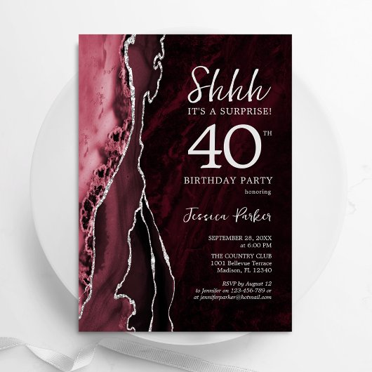 Invitation Bourgogne Argent Agate Surprise 40e anniversaire