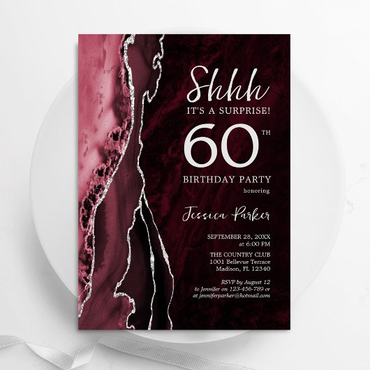 Invitation Bourgogne Argent Agate Surprise 60e anniversaire