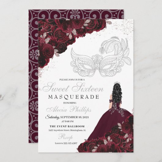 Invitation Bourgogne & Argent Parties scintillant douce 16 Ma (Devant / Derrière)