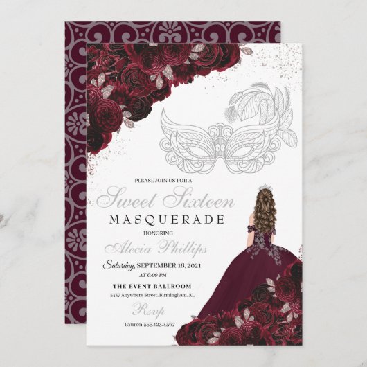 Invitation Bourgogne & Argent Parties scintillant douce 16 Ma (Devant / Derrière)