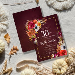 Invitation Bourgogne Automne Fleurs Élégant Script 30e Annive<br><div class="desc">De belles fleurs d'automne décorent deux coins d'un cadre doré. Roses rouges, fleurs en terre cuite et pivoines blanches se mêlent aux feuilles verts et au feuillage. Les fleurs et le blanc script moderne pop contre l'arrière - plan rouge bordeaux. Cet article fait partie de la collection Bourgogne Fall Flowers....</div>