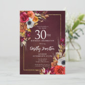 Invitation Bourgogne Automne Fleurs Élégant Script 30e Annive (Debout devant)