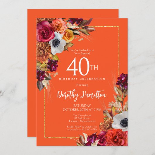 Invitation Bourgogne Automne Fleurs Élégant Script 40e Annive (Devant / Derrière)