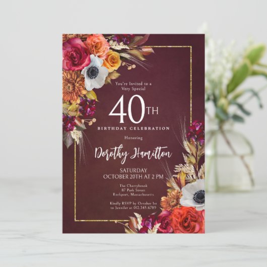 Invitation Bourgogne Automne Fleurs Élégant Script 40e Annive (Debout devant)