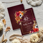 Invitation Bourgogne Automne Fleurs Élégant Script 40e Annive<br><div class="desc">De belles fleurs d'automne décorent deux coins d'un cadre doré. Roses rouges, fleurs en terre cuite et pivoines blanches se mêlent aux feuilles verts et au feuillage. Les fleurs et le blanc script moderne pop contre l'arrière - plan rouge bordeaux. Cet article fait partie de la collection Bourgogne Fall Flowers....</div>