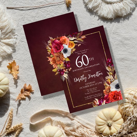 Invitation Bourgogne Automne Fleurs Élégant Script 60e Annive