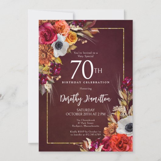 Invitation Bourgogne Automne Fleurs Élégant Script 70e Annive (Devant)