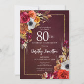 Invitation Bourgogne Automne Fleurs Élégant Script 80e Annive (Devant)