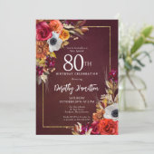 Invitation Bourgogne Automne Fleurs Élégant Script 80e Annive (Debout devant)
