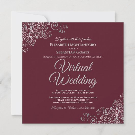 Invitation Bourgogne avec Lacy Silver Elegant Mariage virtuel (Devant)