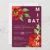 Invitation Bourgogne Bat mitzvah Floral Aquarelle Gras Modern (Devant)