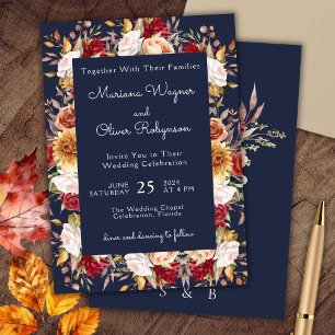 Invitation Bourgogne Beige Bleu Nuit Automne Floral Mariage