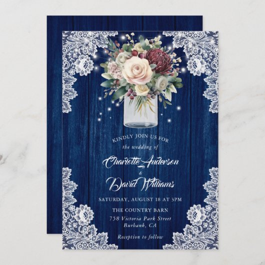 Invitation Bourgogne Beige Navy Blue Mason Jar Floral Mariage (Devant / Derrière)