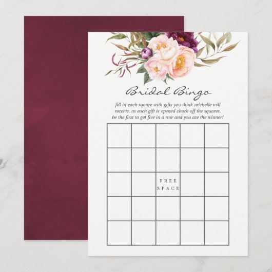 Invitation Bourgogne - Bingo de mariage floral au Marsala et  (Devant / Derrière)