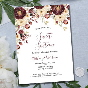 Invitation Bourgogne Blanc Floral Sweet sixteen botanique 16