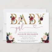 Invitation Bourgogne bleu marine floral bleu baby shower fill (Devant)