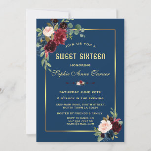 Invitation Bourgogne Bleu Nuit Floral Cadre Doré Sweet 16