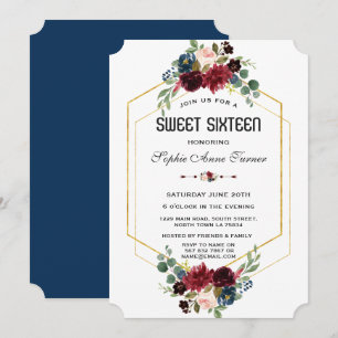 Invitation Bourgogne Bleu Nuit Floral Or Hexagone Sweet 16