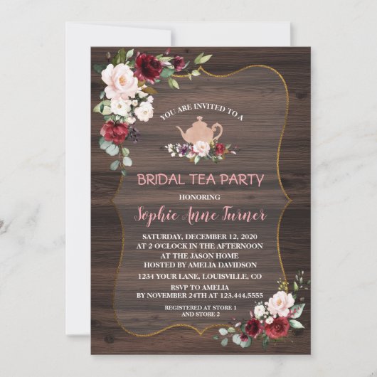 Invitation Bourgogne Blush Fleurs Bois Bridal Tea Party (Devant)