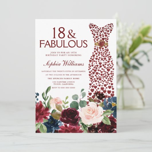 Invitation Bourgogne Blush Fleurs & Robe 18e fête d'anniversa (Debout devant)
