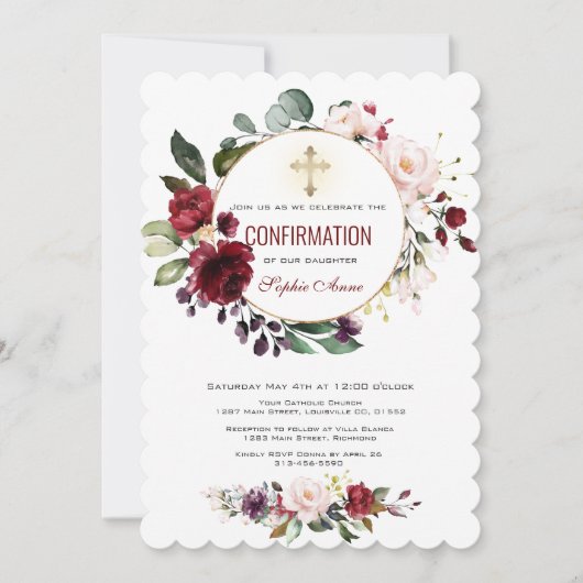 Invitation Bourgogne Blush Floral Gold Cross Confirmation (Devant)