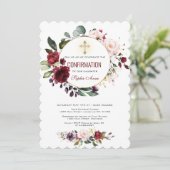 Invitation Bourgogne Blush Floral Gold Cross Confirmation (Debout devant)