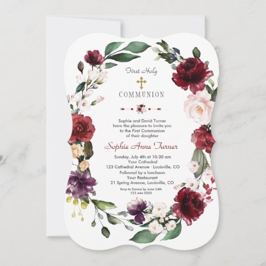 Invitation Bourgogne Blush Floral Gold First Holy Communion (Devant)