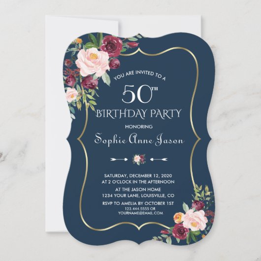 Invitation Bourgogne Blush Floral Gold Navy Blue 50e annivers (Devant)