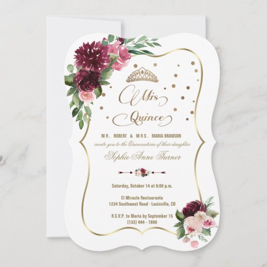 Invitation Bourgogne Blush Floral Mis Quince Quinceañera (Devant)