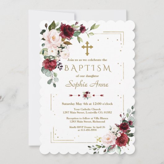 Invitation Bourgogne Blush Floral Parties scintillant Or Cadr (Devant)