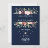 Invitation Bourgogne Blush Flowers Cadre Marine Mariage bleu (Devant)