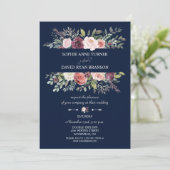 Invitation Bourgogne Blush Flowers Cadre Marine Mariage bleu (Debout devant)
