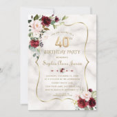 Invitation Bourgogne Blush Flowers Gold Marble 40e anniversai (Devant)