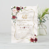 Invitation Bourgogne Blush Flowers Gold Marble 40e anniversai (Debout devant)